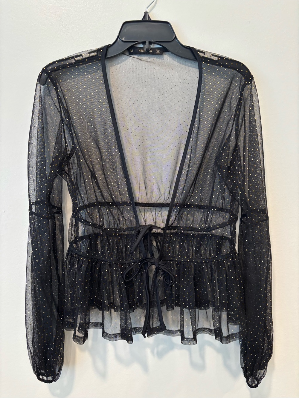 Sheer Black Mesh Tie-Waist Long Sleeve Top with Gold Dot Accents